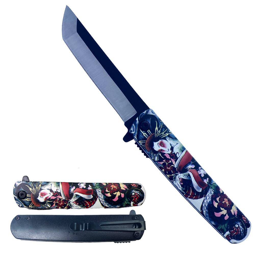 Cuchillo asistido por resorte de 4,75" con diseño de impresión 3D japonesa de serpiente geisha