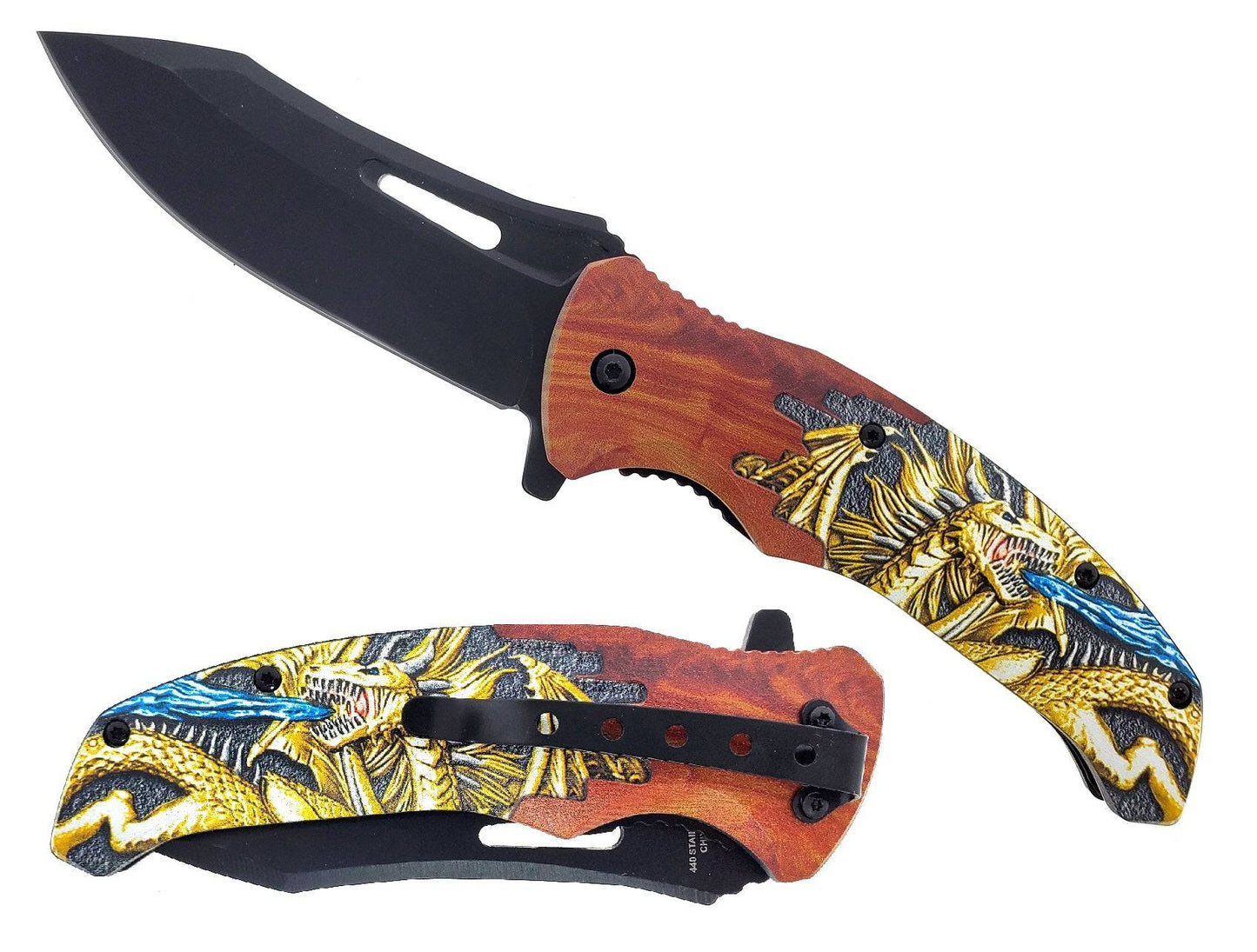 4.5" Black Blade Dragon Handle Assist Open Folding Knife