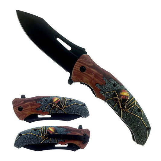 Cuchillo plegable abierto con mango de araña y hoja negra de 4,5"