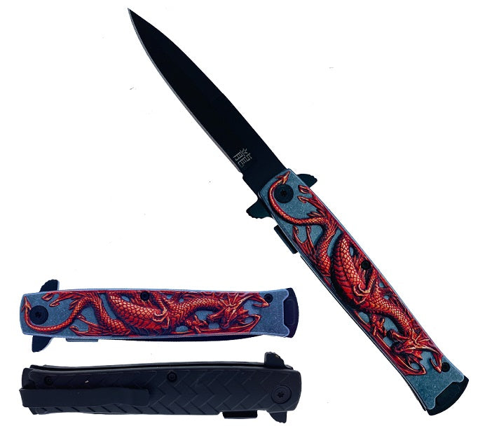 KS 1673-RD 4.5" Red Embossed Dragon Assist-Open Folding Pocket Knife