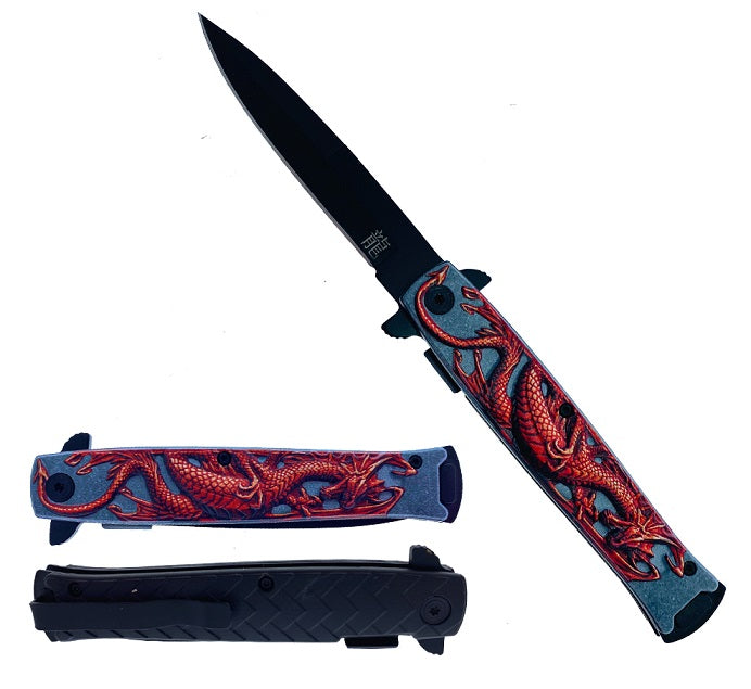 KS 1673-RD 4.5" Red Embossed Dragon Assist-Open Folding Pocket Knife - Bladevip