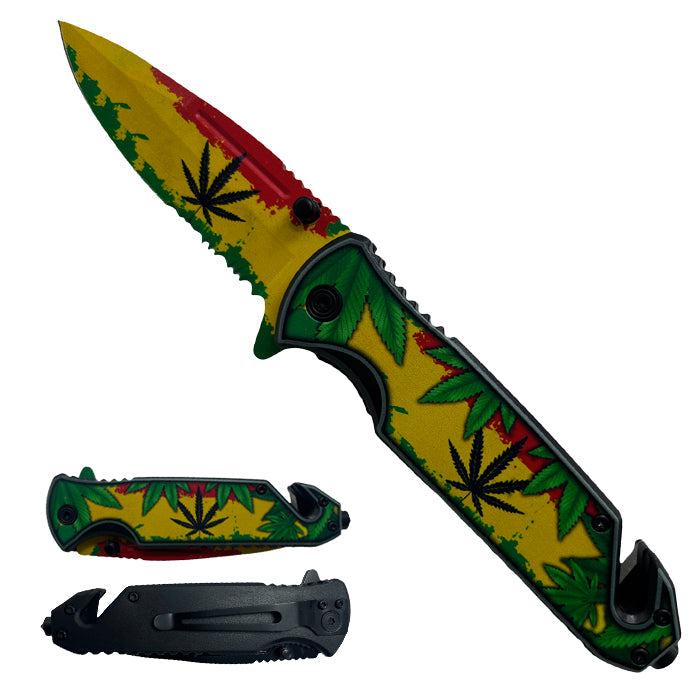 4.75" Marijuana Half Serrated Blade Assist-Open Rescue Knife with Belt Cutter & Glass Breaker