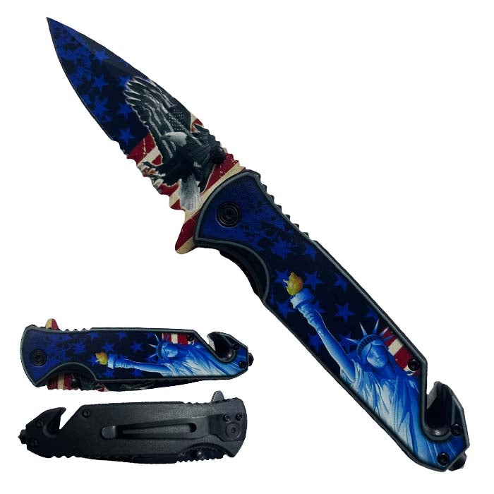 4.75" Statue of Liberty Half Serrated Blade Assist-Open Rescue Knife with Belt Cutter & Glass Breaker