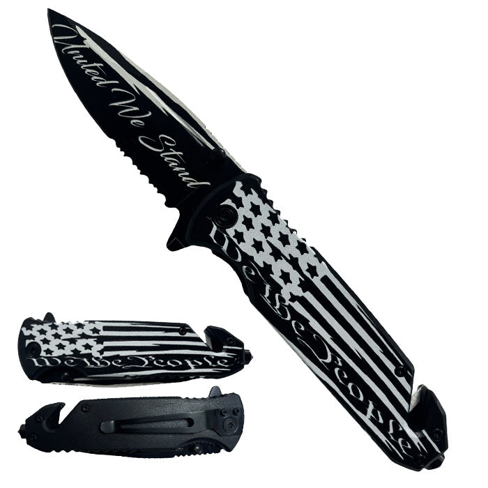 4.75" We The People Half Serrated Blade Assist-Open Rescue Knife with Belt Cutter & Glass Breaker