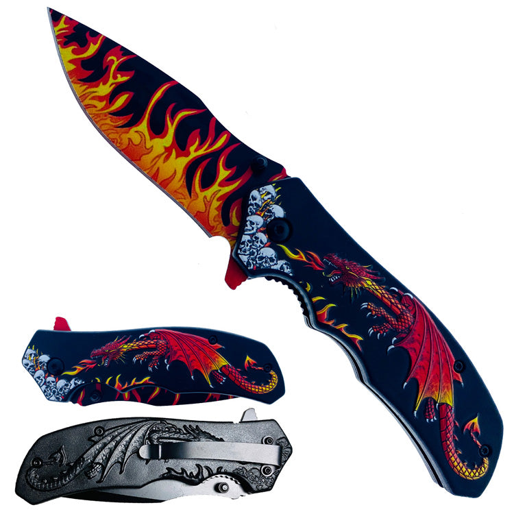 KS 1934-RD 4.5" Red Dragon Flames 3D Texture Handle Assist-Open Folding Knife