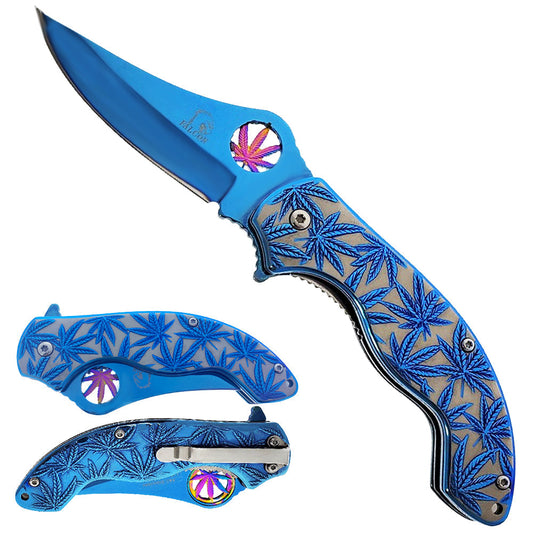 KS 3601-BL 4.25" Blue Stainless Steel Assist-Open Marijuana Folding Pocket Knife