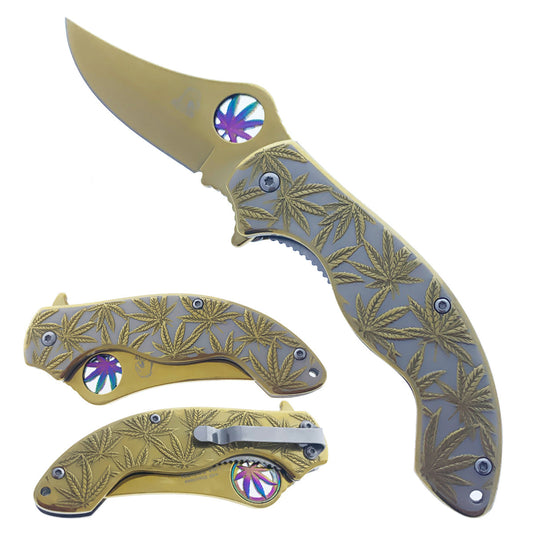 KS 3601-GD 4.25" Gold Stainless Steel Assist-Open Marijuana Folding Pocket Knife
