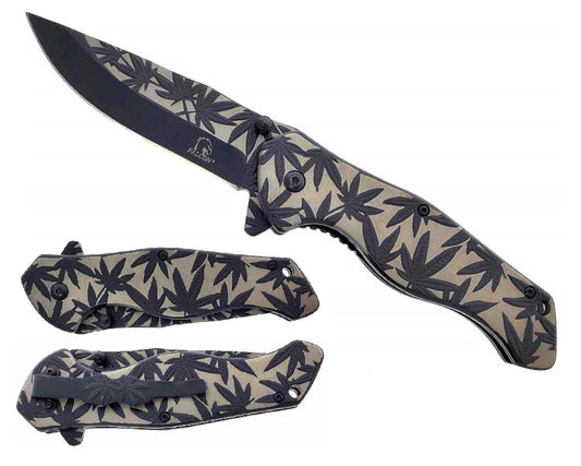 KS 3779-BK 4.75" Titanium Black Marijuana Leaf Assist-Open Pocket Knife