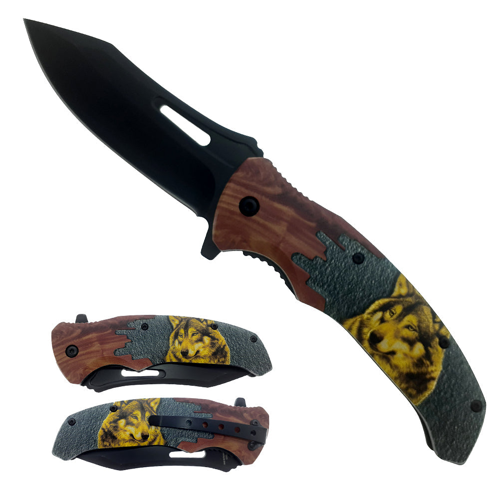 KS 6309-WF 4.5" Black Blade Wolf Handle Assist Open Folding Knife