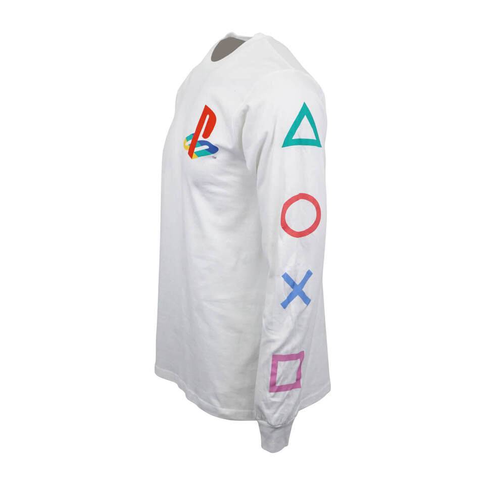 Men's White Play Station Long Sleeve Logo Button Print Tee T-Shirt