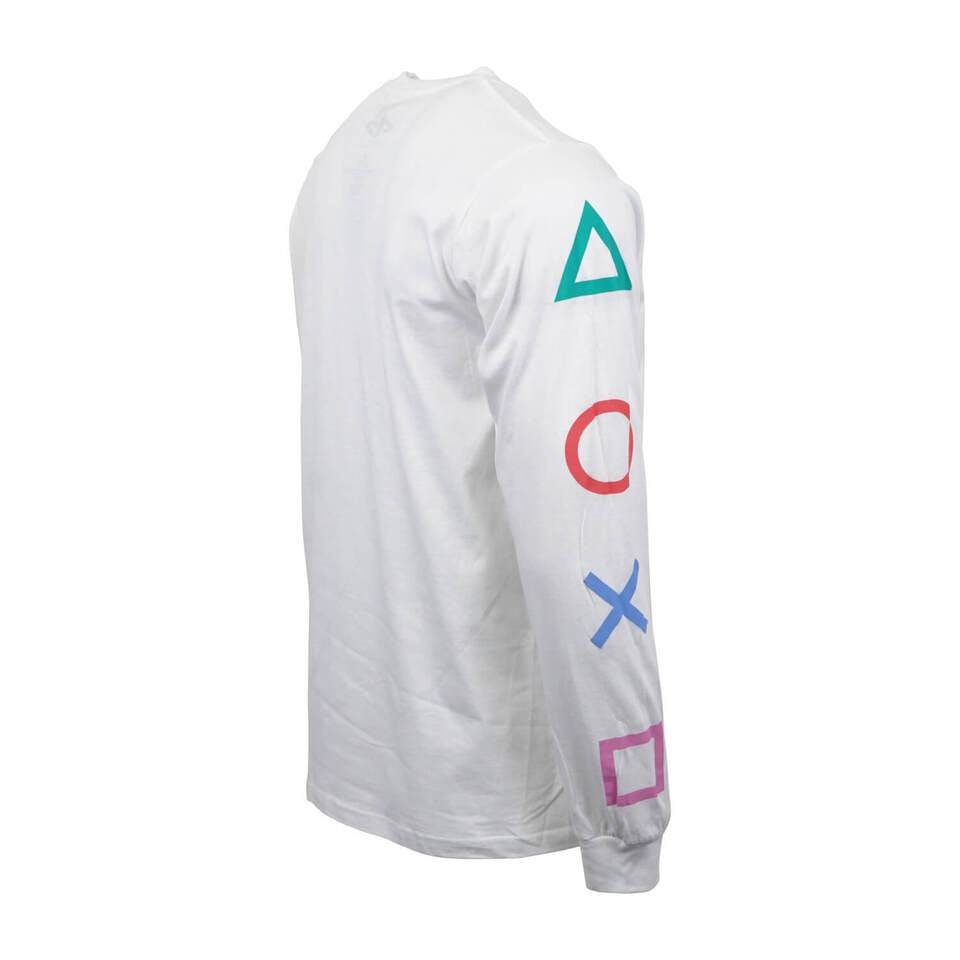 Men's White Play Station Long Sleeve Logo Button Print Tee T-Shirt