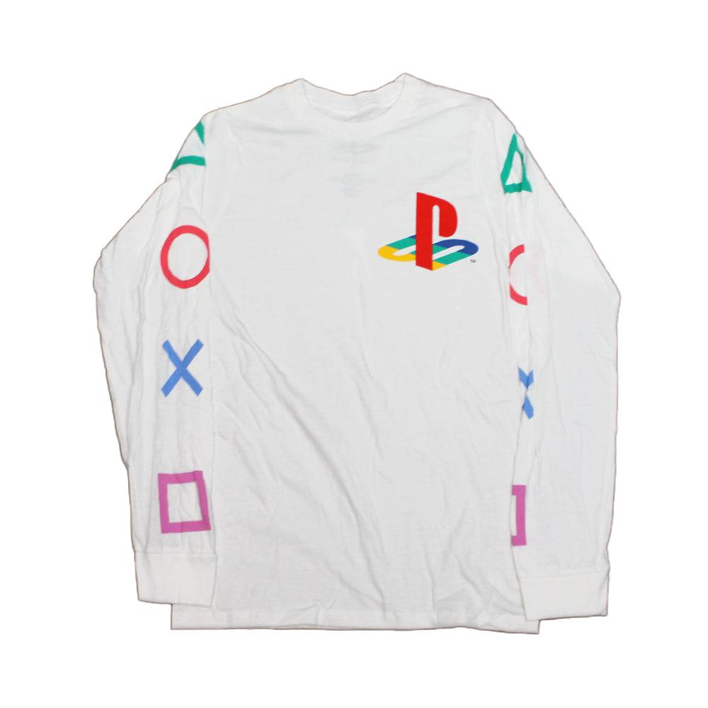 Men's White Play Station Long Sleeve Logo Button Print Tee T-Shirt