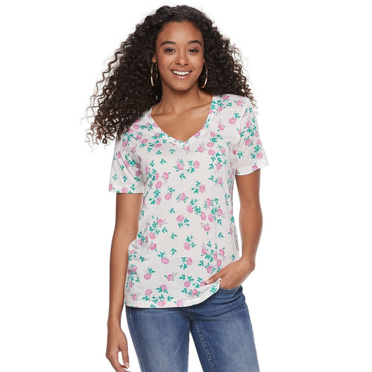 Womens Juniors Juniors' Flower Print V-neck Tee T-Shirt