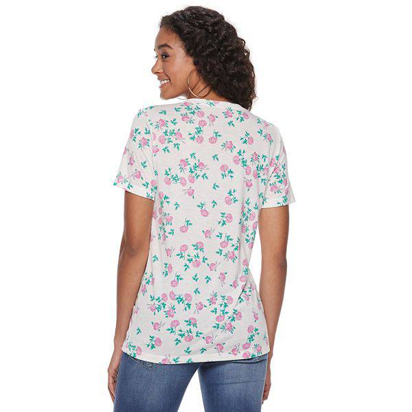 Womens Juniors Juniors' Flower Print V-neck Tee T-Shirt