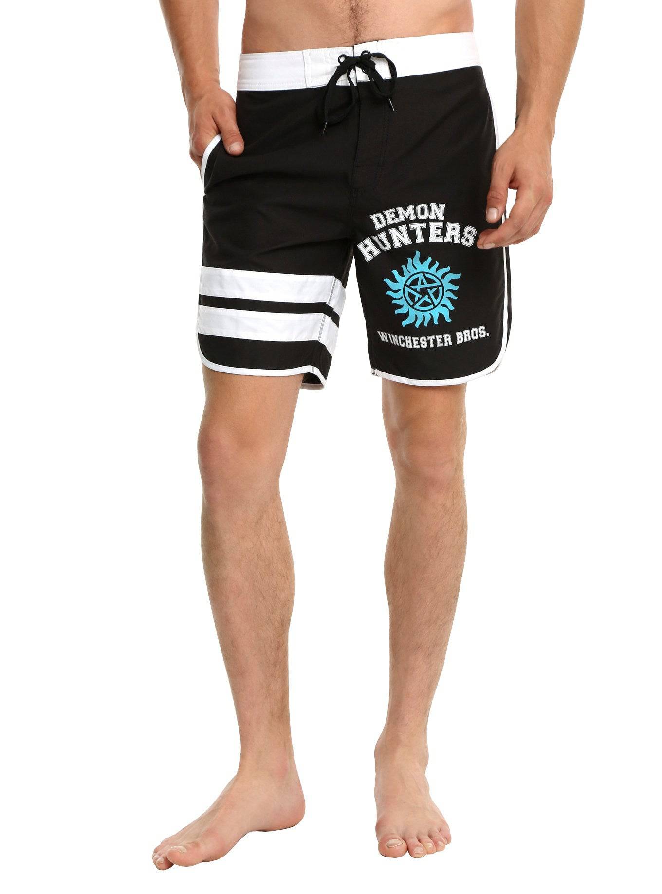 Men's Black Supernatural Demon Hunters Winchester Bros Swim Shorts Trunks