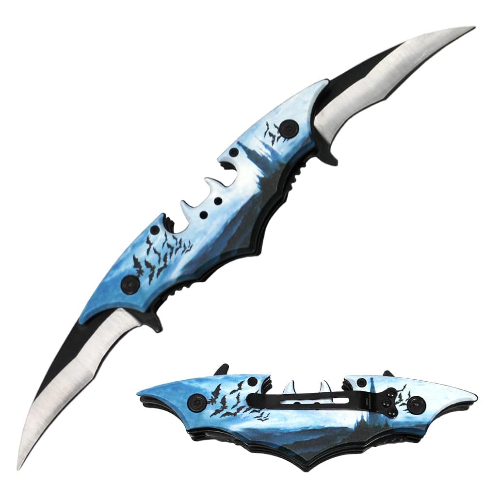 5.5 inch Folding Twin Blade Bat Blue Pocket Folding Outdoor Camping Tool Multifunctional Fruit with Belt Clip