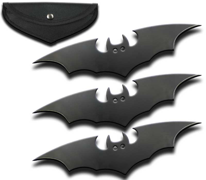 6 inch Bat Black Fixed Blade Knives 3 Piece Set with Sheath