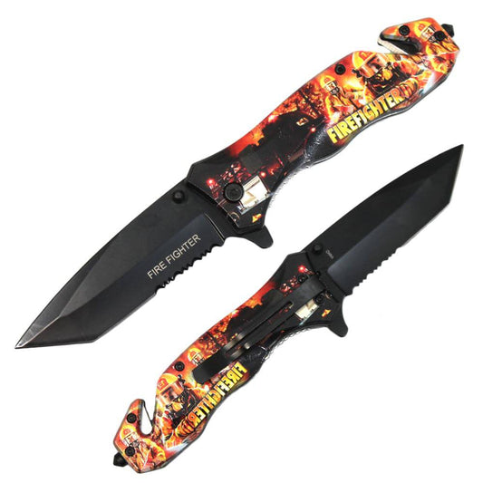 PK 2822-FF 4.5" Firefighter Flame Tactical Assist Open Knife with Glass-breaker & Belt Cutter