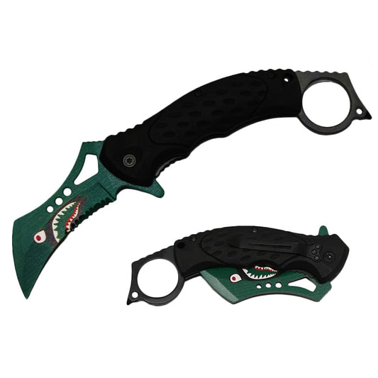 Cuchillo Karambit plegable asistido por resorte verde de 5" con estampado de cabeza de tiburón