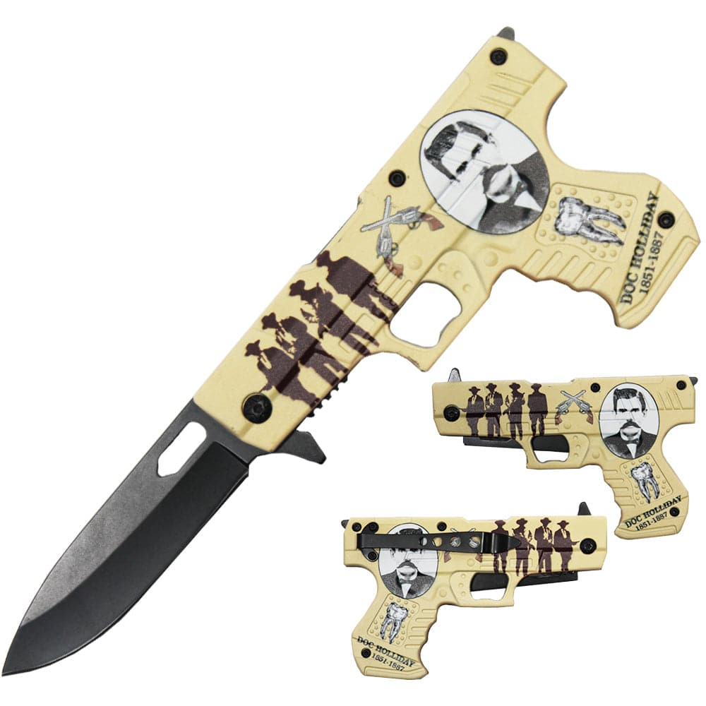 4.5" Doc Holliday Pistol Handle Assist-Open Folding Knife with Belt Clip