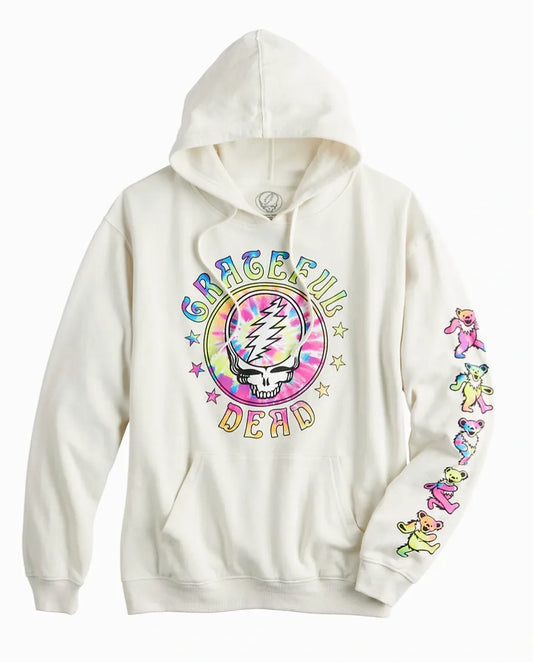 Men's Beige Grateful Dead Tie Dye Skull Dancing Bears Pullover Hoodie - Bladevip