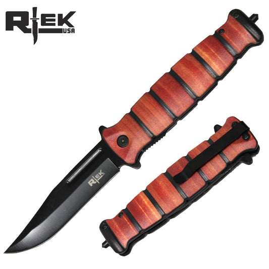 Cuchillo plegable táctico con mango de madera abierto con punta de clip Rtek de 5 "con rompevidrios