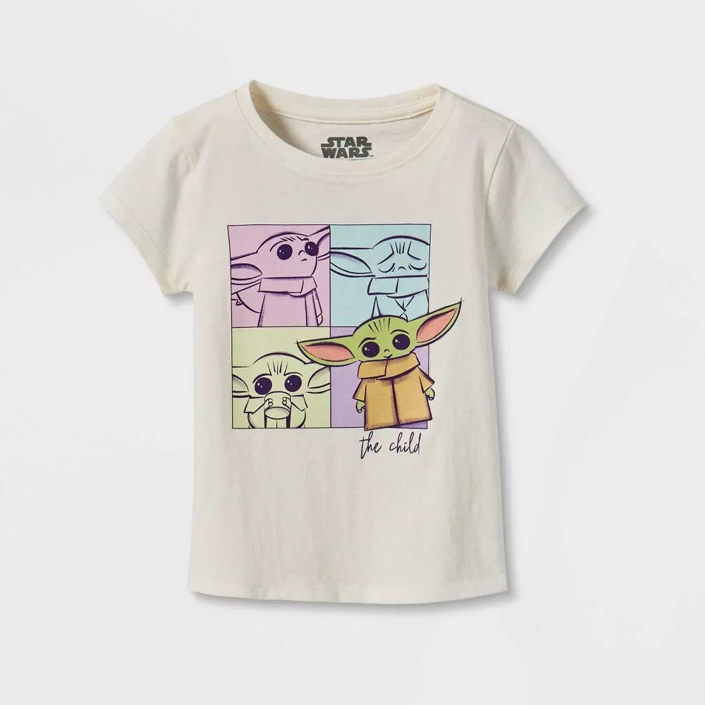 Toddler Girls' Star Wars Baby Yoda Short Sleeve T-Shirt Cream - Bladevip