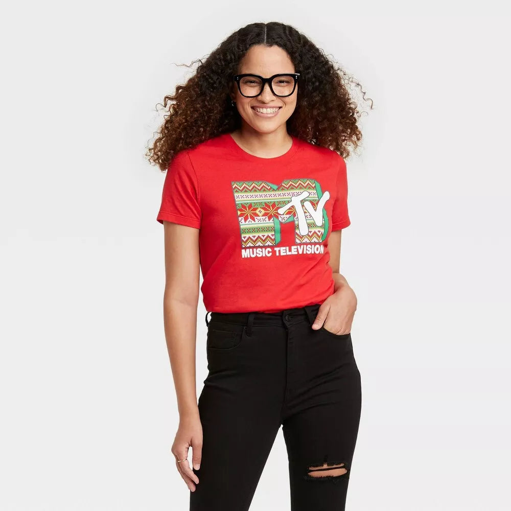 Women's MTV Holiday Short Sleeve Graphic T-Shirt Tee Red