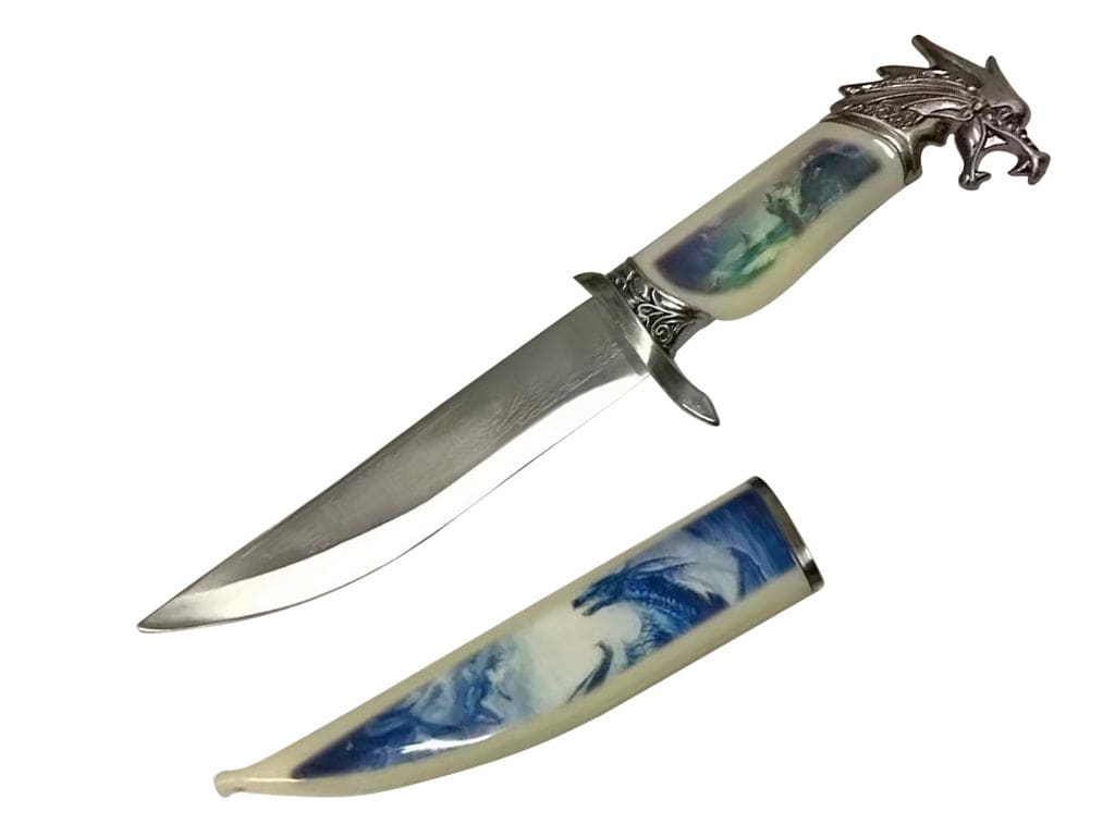T 224840-DG 13 3/4 inch Medieval Dragon Dagger with Graphic Printed Scabbard