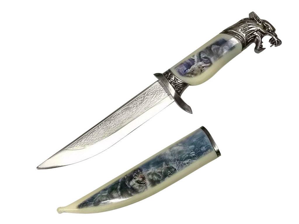 T 224840-WF 13 3/4 inch Medieval Dagger with Graphic Printed Scabbard – Wolf
