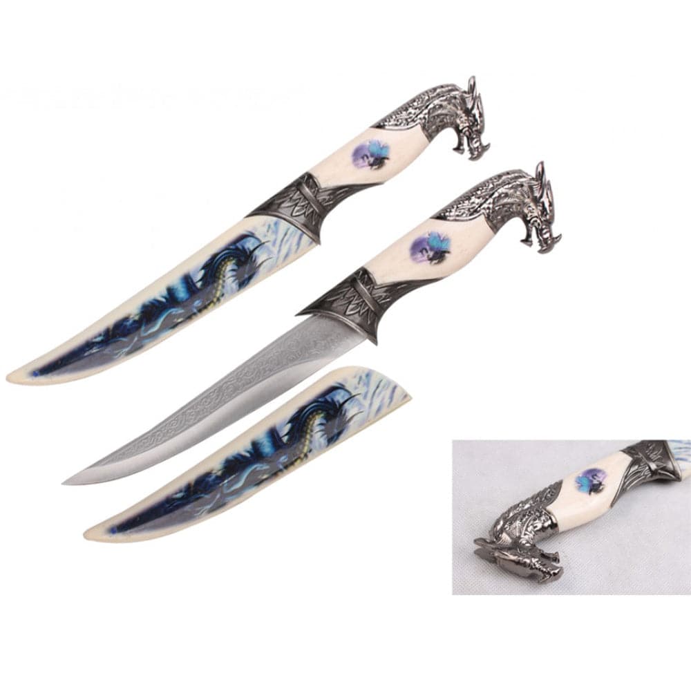 T 224852 13 3/4 inch Fantasy Dagger Blue Dragon on White Scabbard