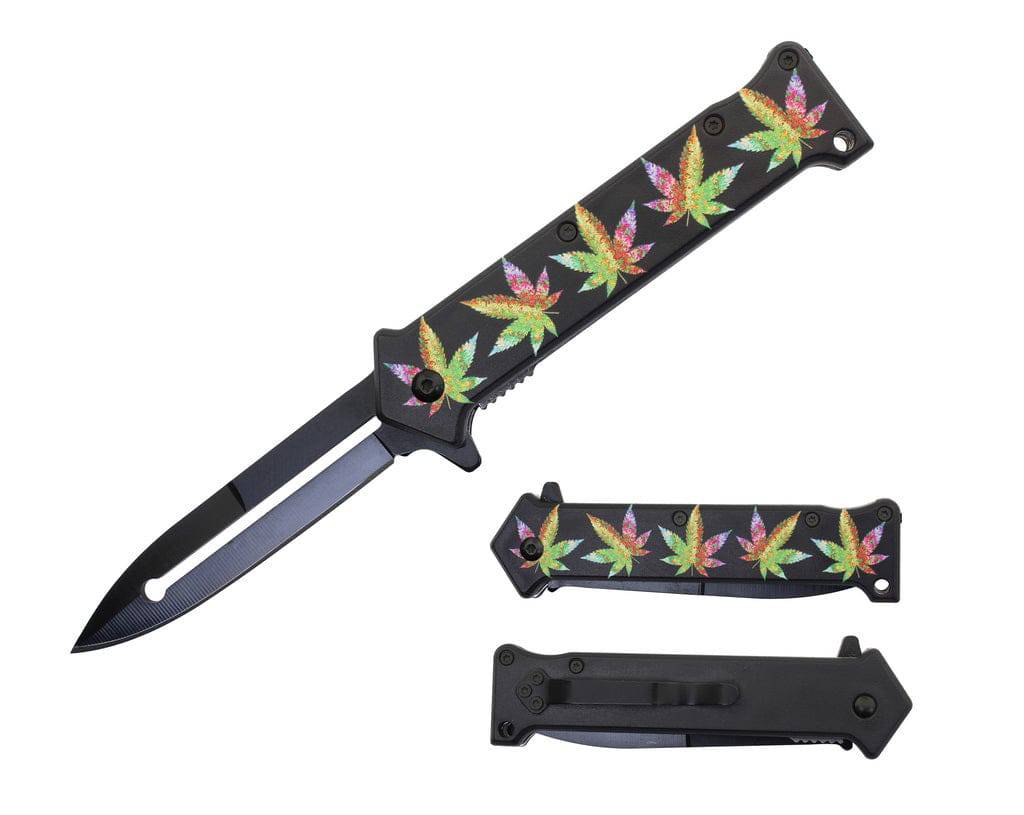 T 27018-14 4.5" Outdoor Camping Tool Multifunctional Fruit Knife - Rasta Marijuana Leaf Print Handle