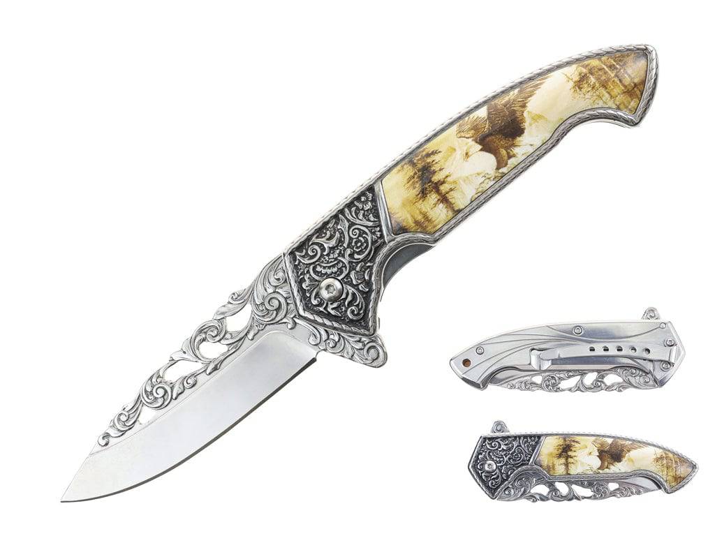 T 27801-GO 5 inch Goose Etched Design Outdoor Camping Tool Multifunctional Fruit Folding Knife