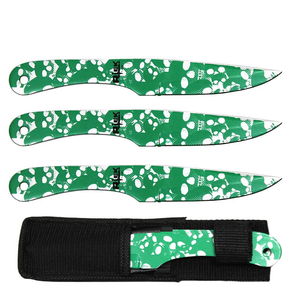 Juego de cuchillos arrojadizos con estampado de calavera verde de 8" con funda