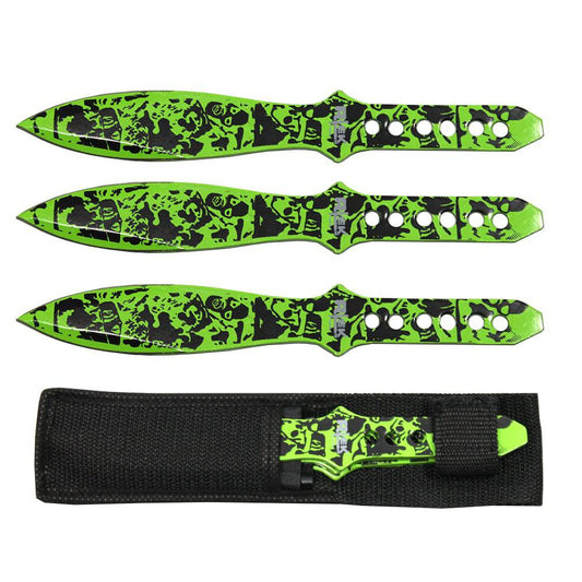 Juego de cuchillos arrojadizos con estampado de calavera zombie verde de 8" con funda