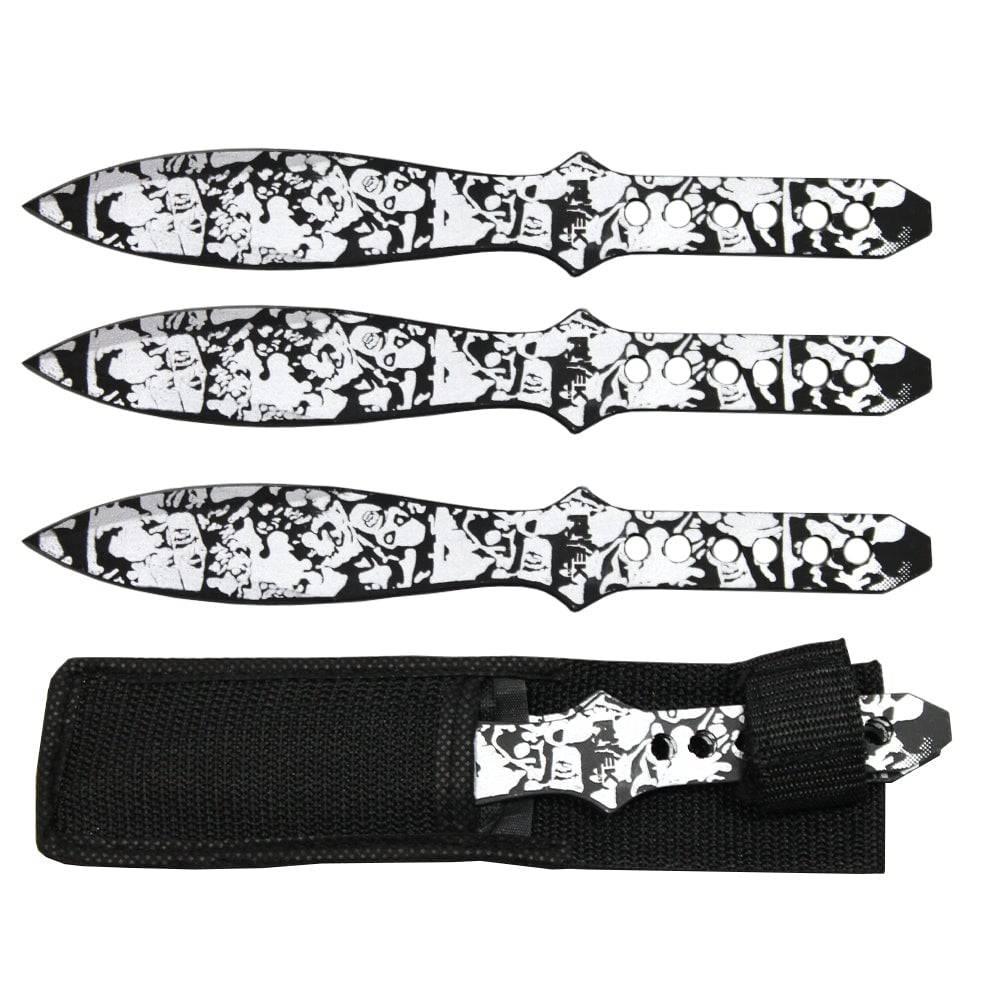 8 inch Silver Zombie Skull Print Throwing Knife Set with Sheath