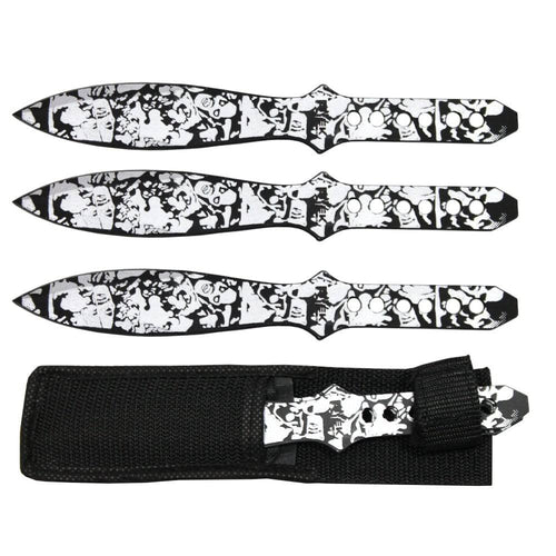 8 inch Silver Zombie Skull Print Throwing Knife Set with Sheath