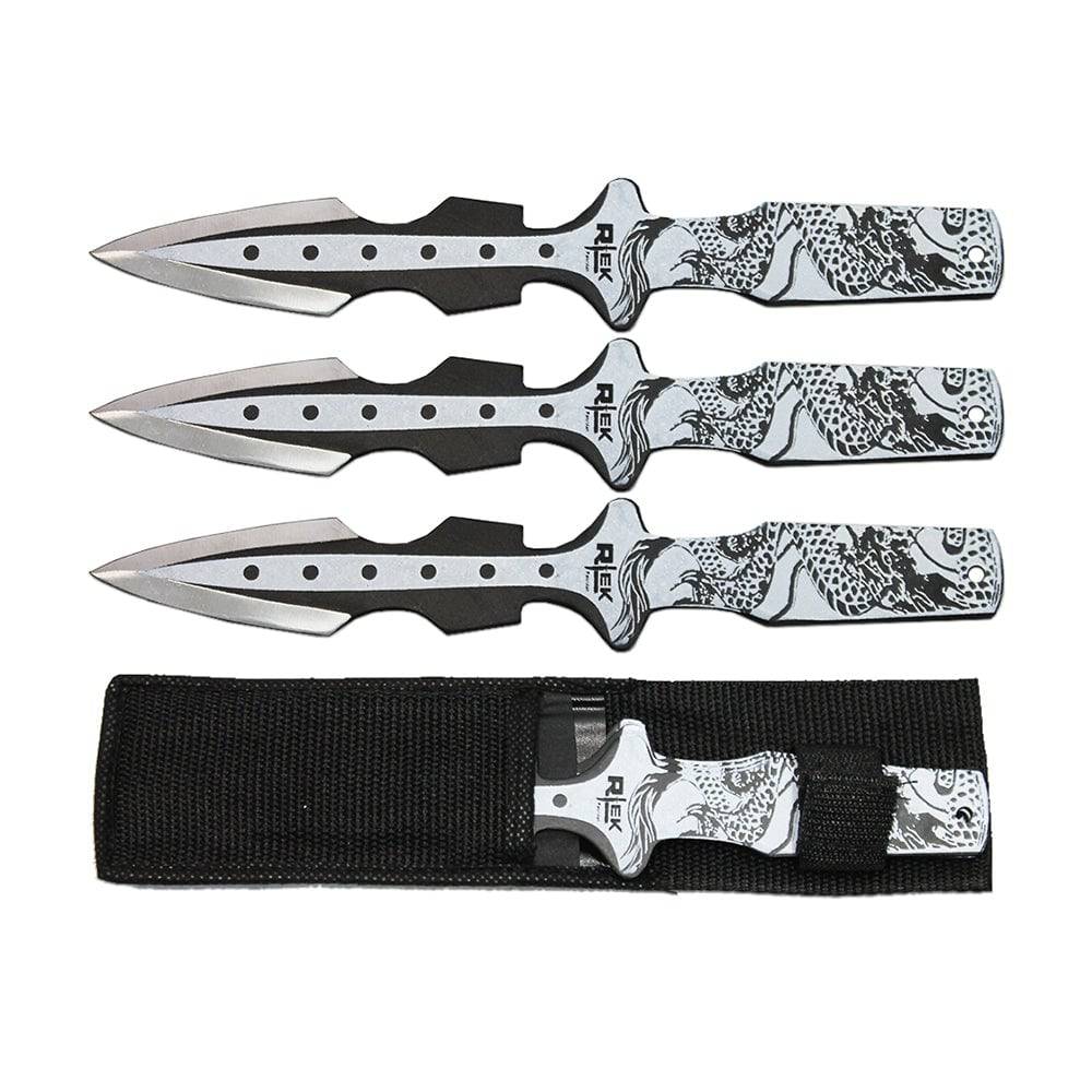 TK 016-365BK 6.5" Black Dragon Print Fixed Blade Knife Set with Nylon Sheath