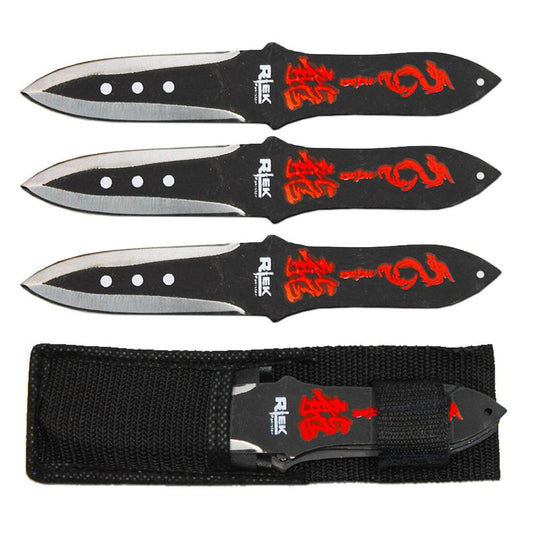 TK 020-365 Cuchillo arrojadizo de dragón rojo negro y plateado de 6,5" con funda de nailon