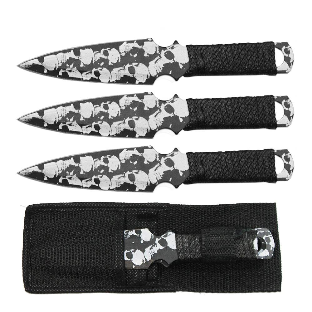 TK 033-38GTSK Cuchillo arrojadizo envuelto en cordón de calavera blanco y negro de 8" con funda de nailon