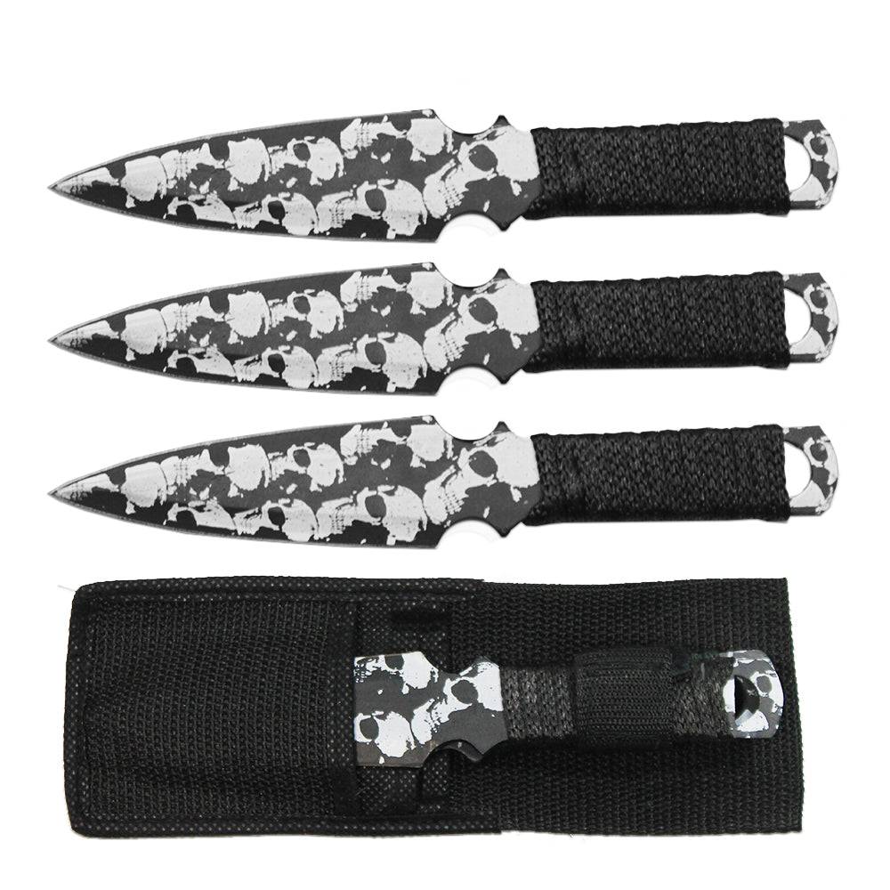 TK 033-38GTSK 8 inch Black & White Skull Cord Wrapped Throwing Knife with Nylon Sheath
