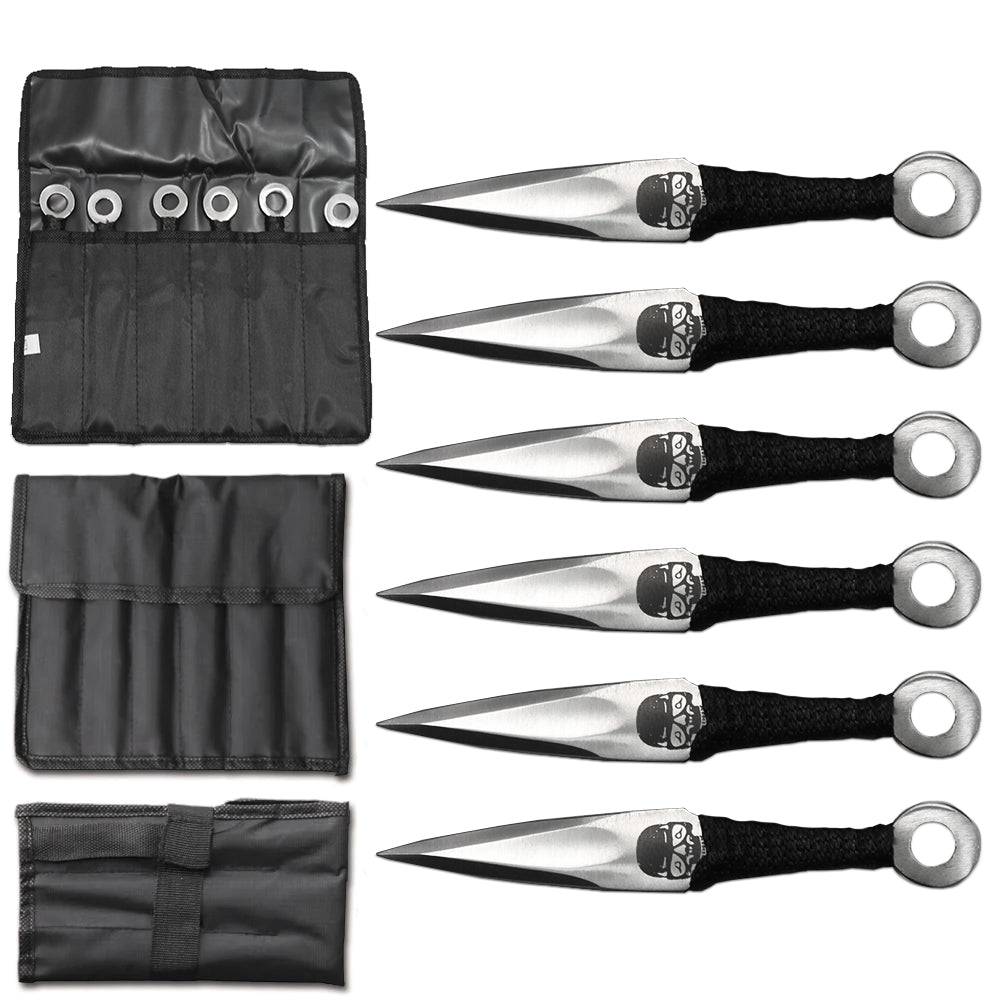 TK 036-665SSK 6.5 inch Silver Cord Wrapped Kunai Skull Printed Throwing Knife 6 PCS Set with Carrying Case