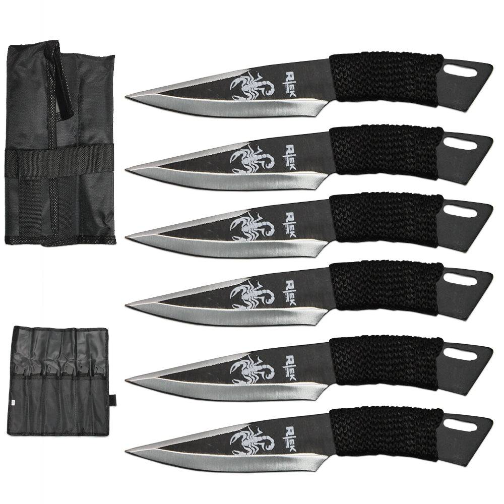 TK 042-665BSK 6" Black & Silver Scorpion Cord Wrapped Throwing Knife 6 PCS Set with Carrying Case