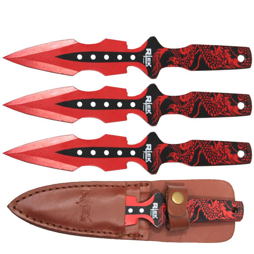 Cuchillo arrojadizo con estampado de dragón rojo de 8" y funda de cuero