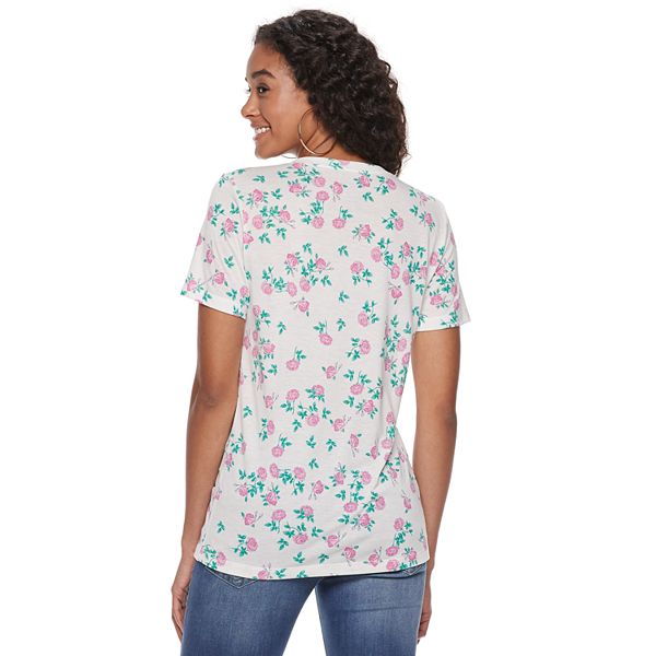 Camiseta con cuello en V y estampado de flores para mujer
