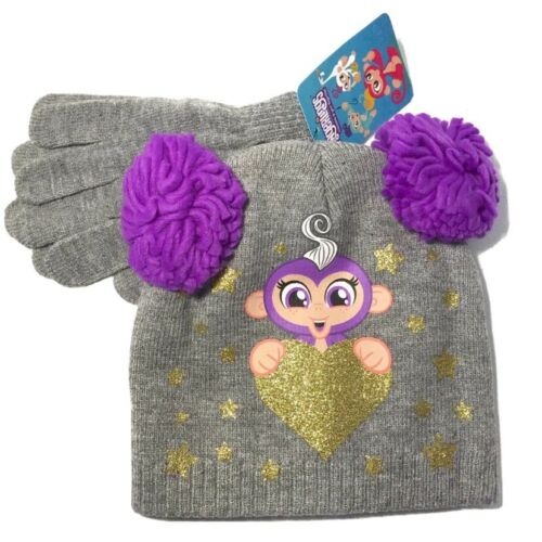 Conjunto de gorro y guantes con purpurina morada y pompones de WowWee para niñas Fingerlings