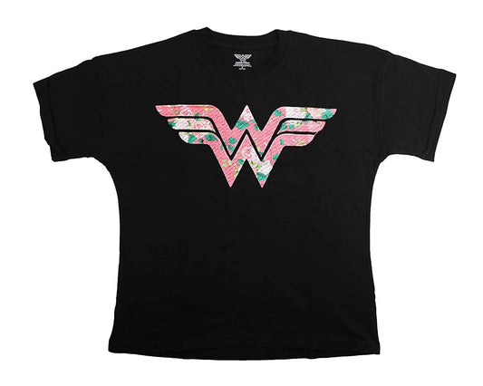 Women Junior's DC Wonder Woman Embroidered Pink Rose Logo T-Shirt