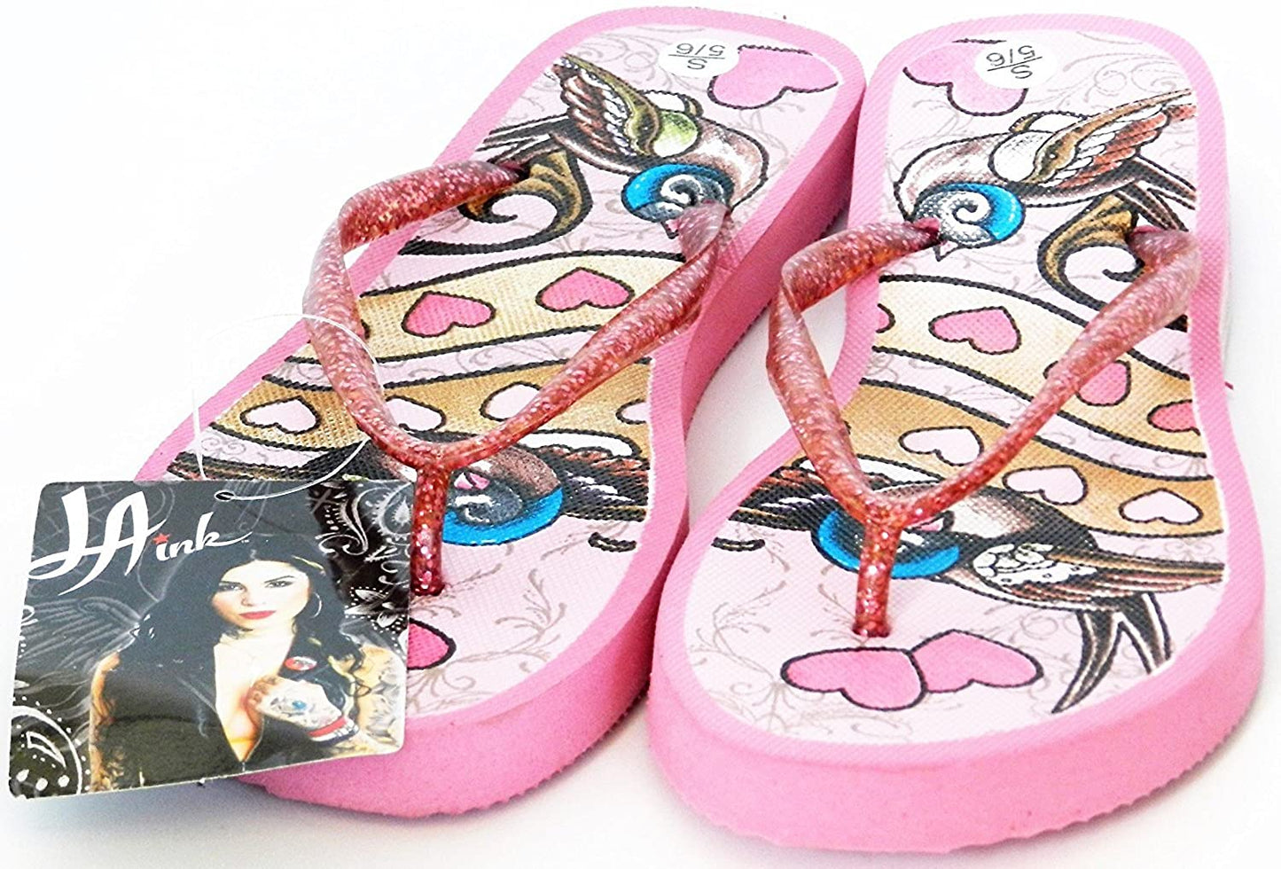 LA Ink Women's Juniors Pink Hearts Sparkle Classic Flip Flop Thong Sandals