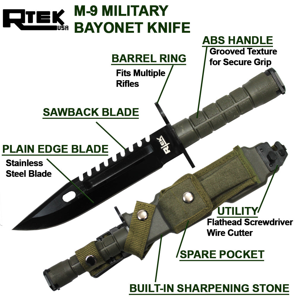 Cuchillo de bayoneta táctico RTEK Camo de 13 ", funda de plástico endurecido, cuchillo trasero de sierra de estilo militar M-9
