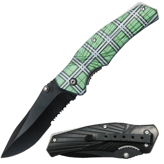 Cuchillo plegable con perno para pulgar y mango de cuadros verdes de 4,25 "con clip para cinturón 